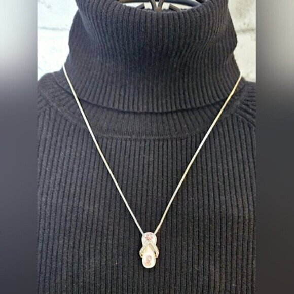 Pink Ribbon Breast Cancer Awareness Flip Flop Pendant Necklace Silvertone - Picture 2 of 7